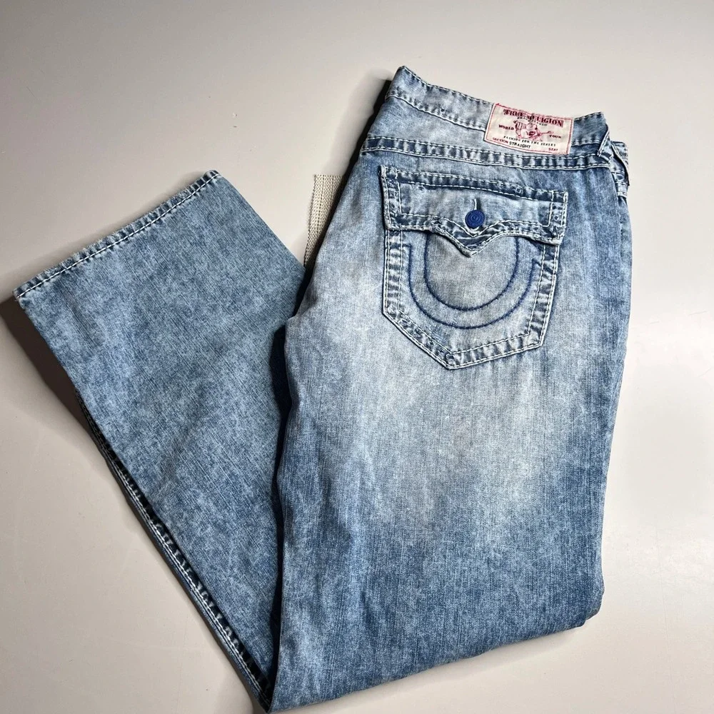 True‎ Religion Straight Leg Jeans Mens 42 Light Wash Blue Contrast Stitch Denim